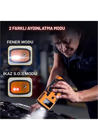 Taşınabilir Araç Akü Takviye Cihazı Jump Starter & 150 Psı Dijital Ekranlı Akıllı Hava Kompresörü 1 Adet