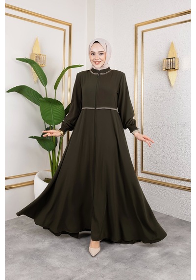 Nevayla Moda Yaka Ve Bel Nakış Detaylı Ferace - Haki / F0143 Haki