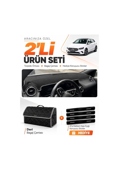 Mercedes W247 B180 B Class 2019-2022 Uyumlu Torpido Örtüsü + Deri Bagaj Çantası Seti - Siyah Gri