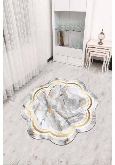 Gri Gold Çerçeveli Kaymaz Tabanlı Lazer Kesim Halı Rv306n11 Gri - Gold