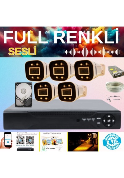 Gerçek 5 Mp 5 Kameralı Gece Renkli Sesli 2 Tb Hdd Dahil Ahd Güvenlik Seti - St200055