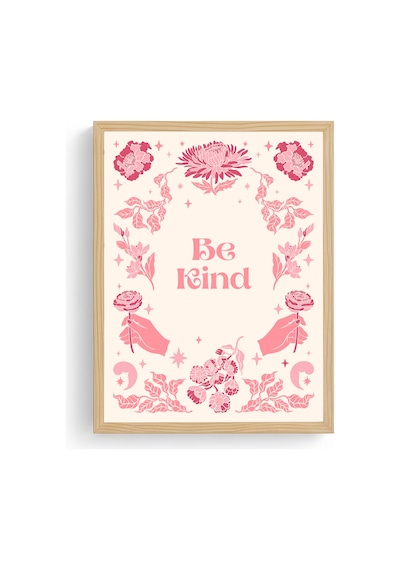 Doğal Ahşap Çerçeveli Retro Floral Tablo - Pembe Çiçekli Boho Desen Huhu2442