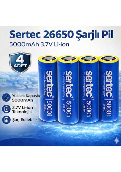 Sertec 26650 Şarjlı Pil 5000mah 3.7v Li-ion Başlıksız Düz 4lü