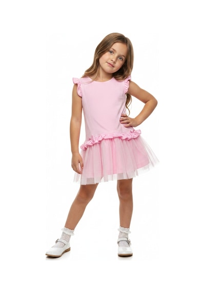 Toontoy Kids Toontoy Kız Çocuk Regular Fit Bisiklet Yaka Fırfır Kol Fiyonk Detaylı Tüllü Elbise 25047 Pembe