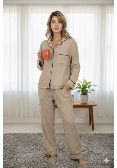 Varol %100 Pamuk Müslin Kadın Pijama Takımı - Bej Bej