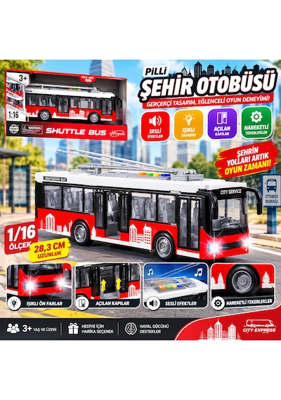 Pilli Şehir Otobüsü 1/16 Ölçek Sesli Işıklı Açılan Kapılı Gerçekçi Oyuncak Otobüs 28,3 Cm