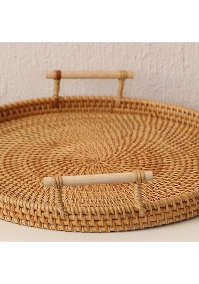 Bohem Rattan Kulplu Hasır Tepsi 35, Iskandinav, Modern