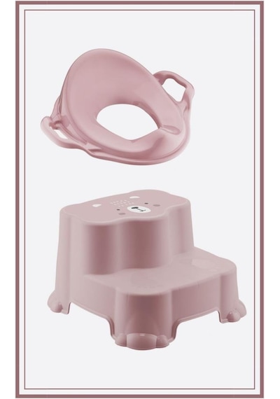 Flosoft Kaydırmaz Çift Basamaklı Çocuk Taburesi Ve Klozet Tuvalet Alıştırma Adaptörü 2'li Set Pembe