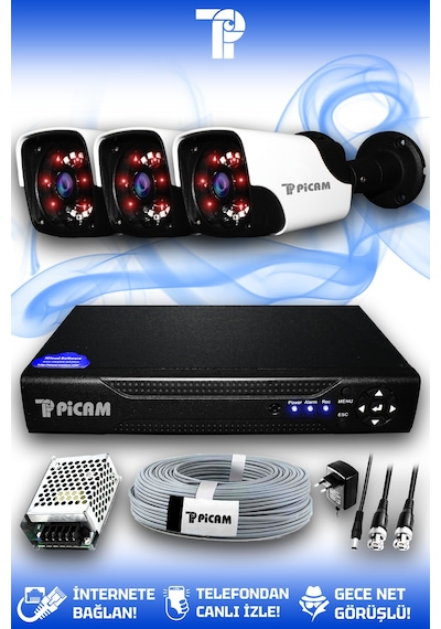 Picam 3 Kameralı Panda 3 Dış Kamera Set HDD'siz Full HD Gece Görüşlü Güvenlik Kamerası Sistemi