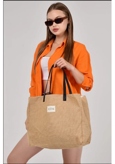 İcone Bag Kadın Çantası, Kadın Hasır El Ve Omuz Çantası, Hasır Çanta, Keten Çanta, Straw Bag Bej