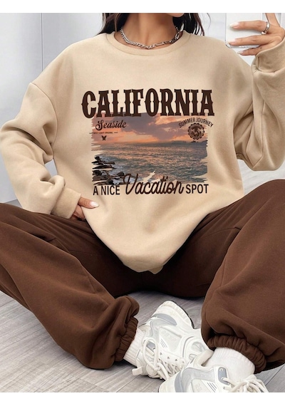 Hırsch Kadın Bej California Seaside Baskılı Oversize Alt Üst Eşofman Takımı Vizon