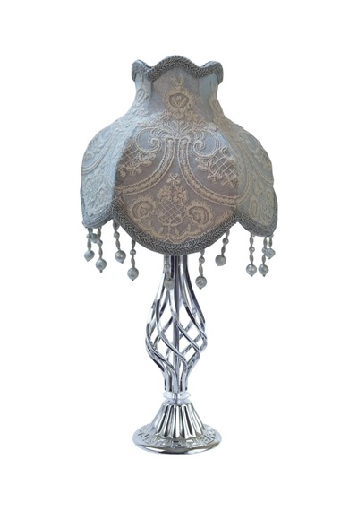 Gri Fransız Dantel Kadife Kumaş Başlık Burgulu Gümüş Ayaklı Klasik Model Abajur 50x30cm