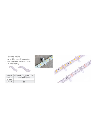 Şerit Led Sabitleme Aparatı 10Mm Ip65 (10 Adet) Vida Dahil