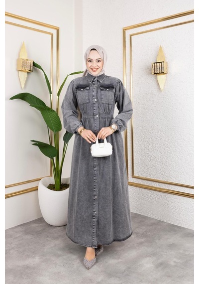 Harman Butik Kadın Düğmeli Cepli Kot Elbise Siyah Siyah
