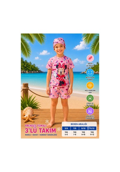 Rony Pony Kids Kız Çocuk Uv Korumalı Mayo Takımı Şapkalı 3 Parça Pembe