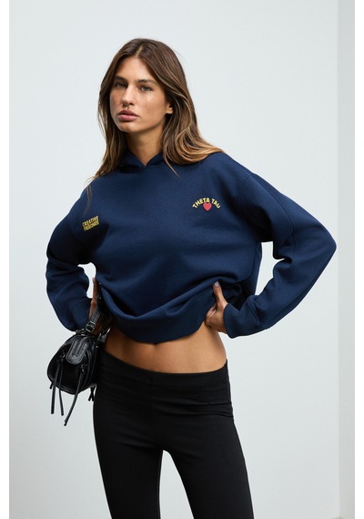 Grımelange ISROP Kadın Yumuşak Kumaşlı Baskılı Kapüşonlu Lacivert Sweatshirt