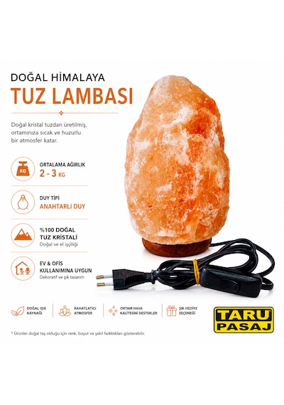 Doğal Himalaya Tuz Lambası 2-3kg Anahtarlı Duy %100 Doğal Tuz Kristali Ev, Ofis Ve Dekoratif Gece Lambası