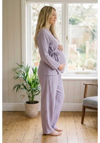 Combattente Exclusive Products Combattente Pamuk Müslin Hamile Lohusa Karın Üstü Pijama Takımı Mor - Lavanta