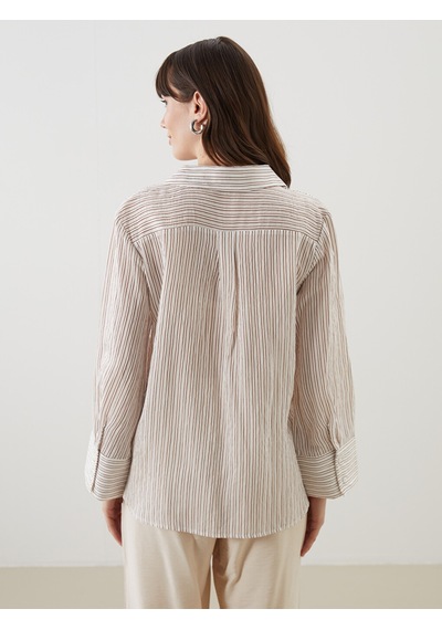 Lcw Comfort Ekru Çizgili Oversize Kadın Gömlek