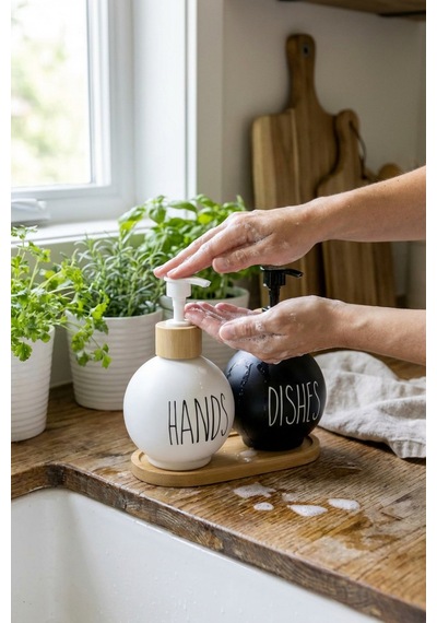 Makri Home 2'li Cam Sıvı Sabunluk Seti Ve Bambu Stant 450 Ml Siyah-beyaz Beyaz - Siyah