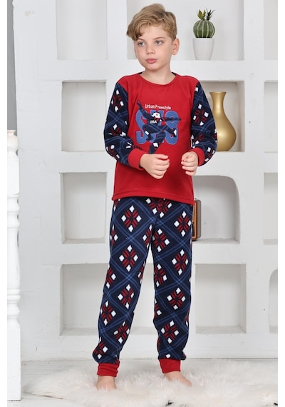 Yeni Sezon Sonbahar/kış Erkek Çocuk Skate 8 Desenli Polar Pijama Takımı 4536 Kırmızı