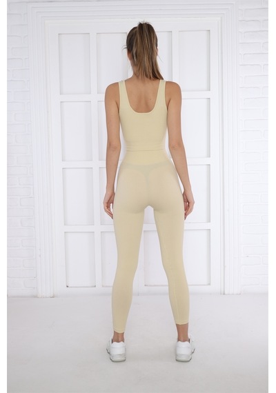 Escetic Kadın Spor Bej Toparlayıcı, Yüksek Bel Fitnes Bra Şort-tayt Takım-4314 - Xs
