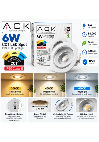 6w Cct Led Spot Sıva Altı 3 Renk 3000k 4000k 6500k 490-568-535 Lümen Ø70mm Kesim Beyaz