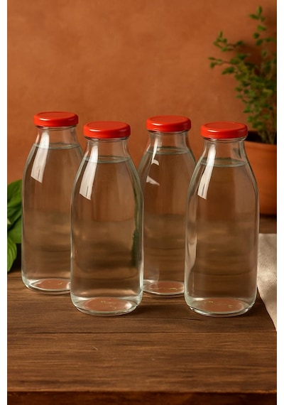 4 Adet 1 Litre Şeffaf Sürahi Süt, Ayran, Su, Limonata, Meşrubat Şişesi Plastik Kapaklı Cam Şişe