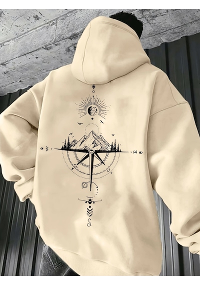 Uyguntarz Unisex Yon Gosteren Pusula Baskılı Oversize Sweatshirt Bej