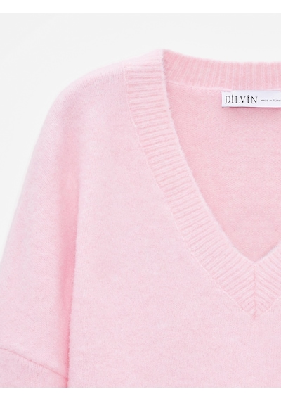 Dilvin 10645 V Yaka Yün Karışımlı Kazak-pembe Pembe