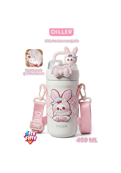 Dıller 490 Ml Tek Kapak Çift Kullanım Pipetli/pipetsiz Boyun Askılı Çelik Termos -ffdıllerd490ml Pembe