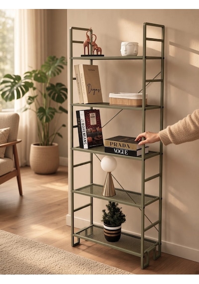 Dekoratif Yeşil Metal Kitaplık 5 Raflı Çok Amaçlı Stand Salon Ve Çalışma Odası Düzenleyici Haki Dekoratif Yeşil Metal Kitaplık 5 Raflı Çok Amaçlı Stand Salon Ve Çalışma Odası Düzenleyici Haki