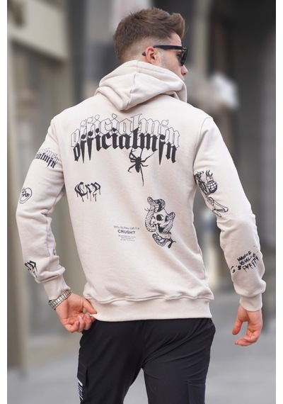 Madmext Bej Baskılı Kapüşonlu Sweatshirt 5895 Bej