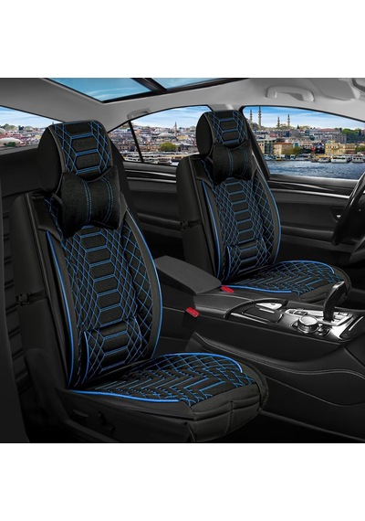 Ackstore Lüks Deri Oto Koltuk Kılıfı Tam Takım Set Mars Siyah-mavi Fiat Tipo İle Uyumlu