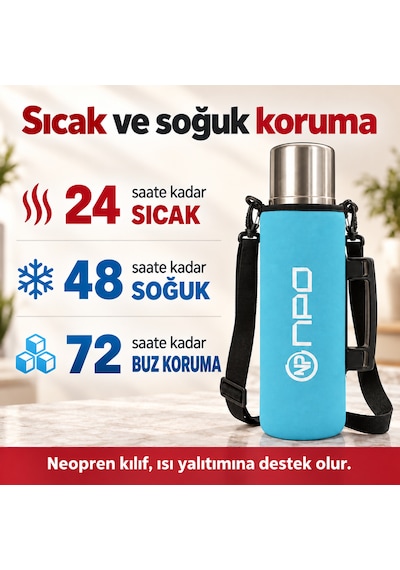 Npo Nt01 2 Katman Vakum Teknolojili 24 Hsıcak 48hsoğuk 72hbuzlu Koruma Çelik Termos Turkuaz Kılıflı