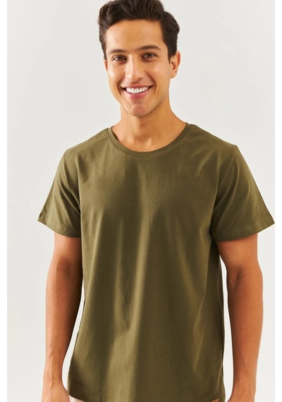 Erkek Oversize Rahat %100 Pamuklu Penye Bisiklet Yaka Kısa Kol Basic T-shirt Classic Collection Haki