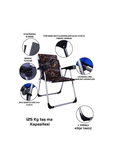 Alin Metal Kamp 3''lü 140 Kg Taşima Kapasiteli Lüks Bardaklıklı Kamp & Piknik Sandalyesi Ssd-04 Yaprak Desenli Çok Renkli