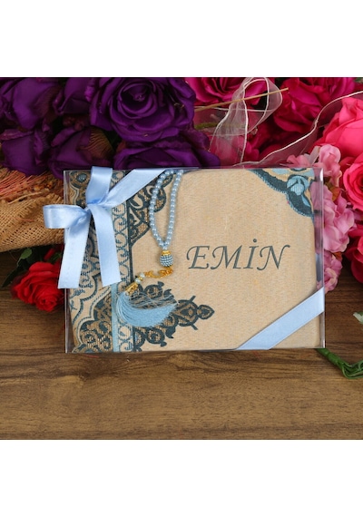 İsme Özel Hediyelik Tafta Seccade Mavi & İnci Tesbih Çok Renkli