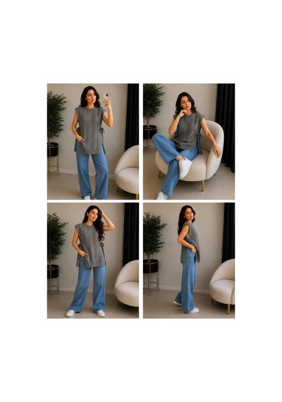 Hira Life Fashion Kadın Bisiklet Yaka Yanları Açık Bağcıklı Oversize Triko Süveter Gri Gri