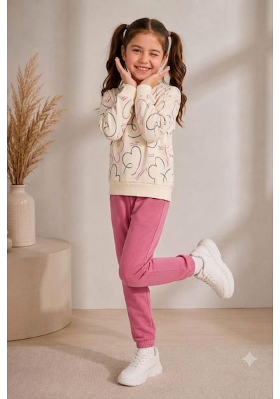 Pina Kids Kız Çocuk Kalpli Desenli Okul Günlük Eşofman Takımı Esf7035 Pembe