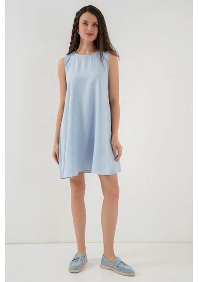 Defymoda 2444 Mini Keten Elbise - Açık Mavi Açik Mavi