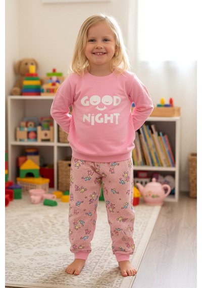Kız Çocuk Pamuklu Desenli Pijama Takımı 250575 Pudra02 Pudra02
