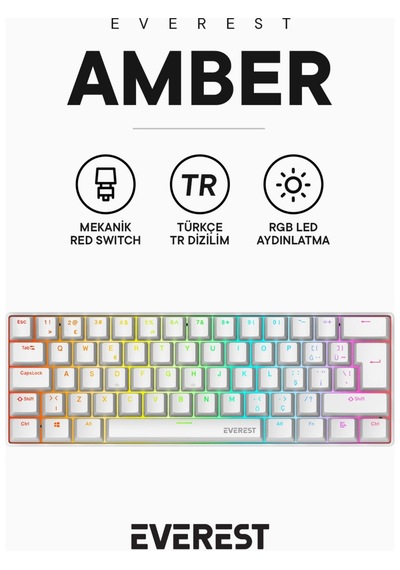Everest Amber Beyaz Type-c Bağlantılı Rgb Ledli Mekanik Gaming Oy