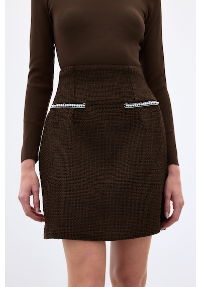 Sateen Aksesuar Detaylı Tüvit Etek - Kahve-136343 Kahve