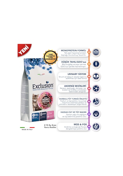 Exclusion Düşük Tahıllı Monoprotein Kitten Tavuklu Yavru Kedi Maması 1500 G