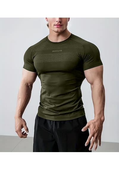 Ghassy Co. Erkek Nem Emici Hızlı Kuruyan Renk Solmayan Atletik Teknik Fitness Spor T-shirt Haki