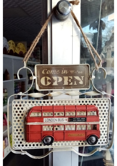 Dekoratif Metal Kapı Yazısı Londra Şehir Otobüsü Open Close 32 Cm