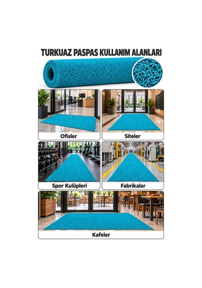 Hortumtech Kıvırcık Paspas Kir Tutucu Pvc Kapı Önü İç Dış Mekan Eko 12 Mm - Turkuaz 100 X 550 Cm
