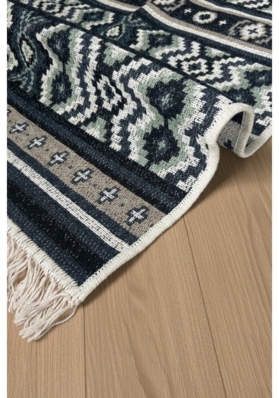 Minimal Lacivert Modern Desen Çift Taraflı Makinede Yıkanabilir Ev İçi & Dış Mekan Uyumlu Kilim Renkli