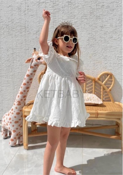 Ketbaby Kız Çocuk Full Fisto Fiyonk Detaylı Bebe Yaka Elbise Beyaz Beyaz
